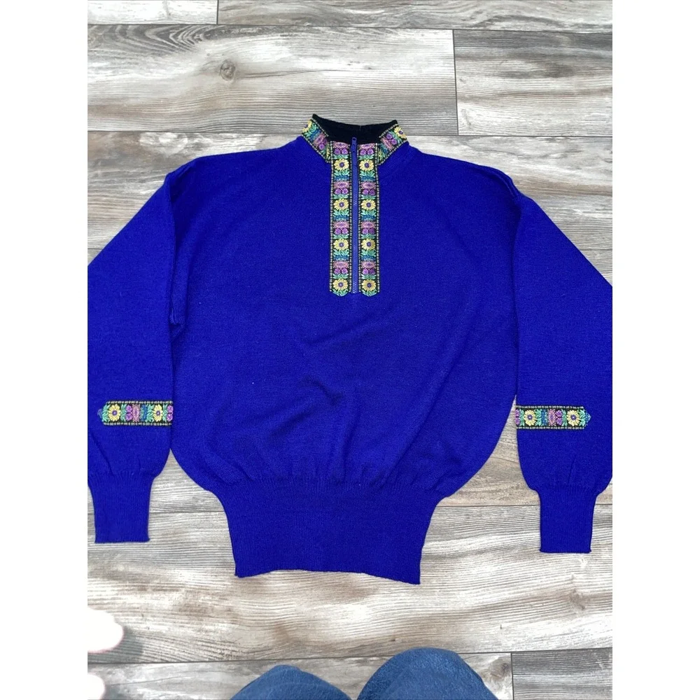VINTAGE Meister Sweater Womens Large Purple 1/4 Zip Embroidery Trim